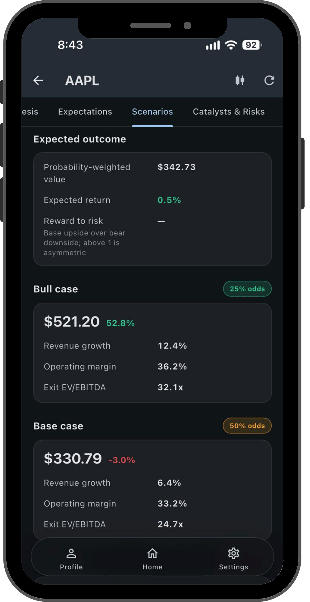 Evolty valuation scenarios screen