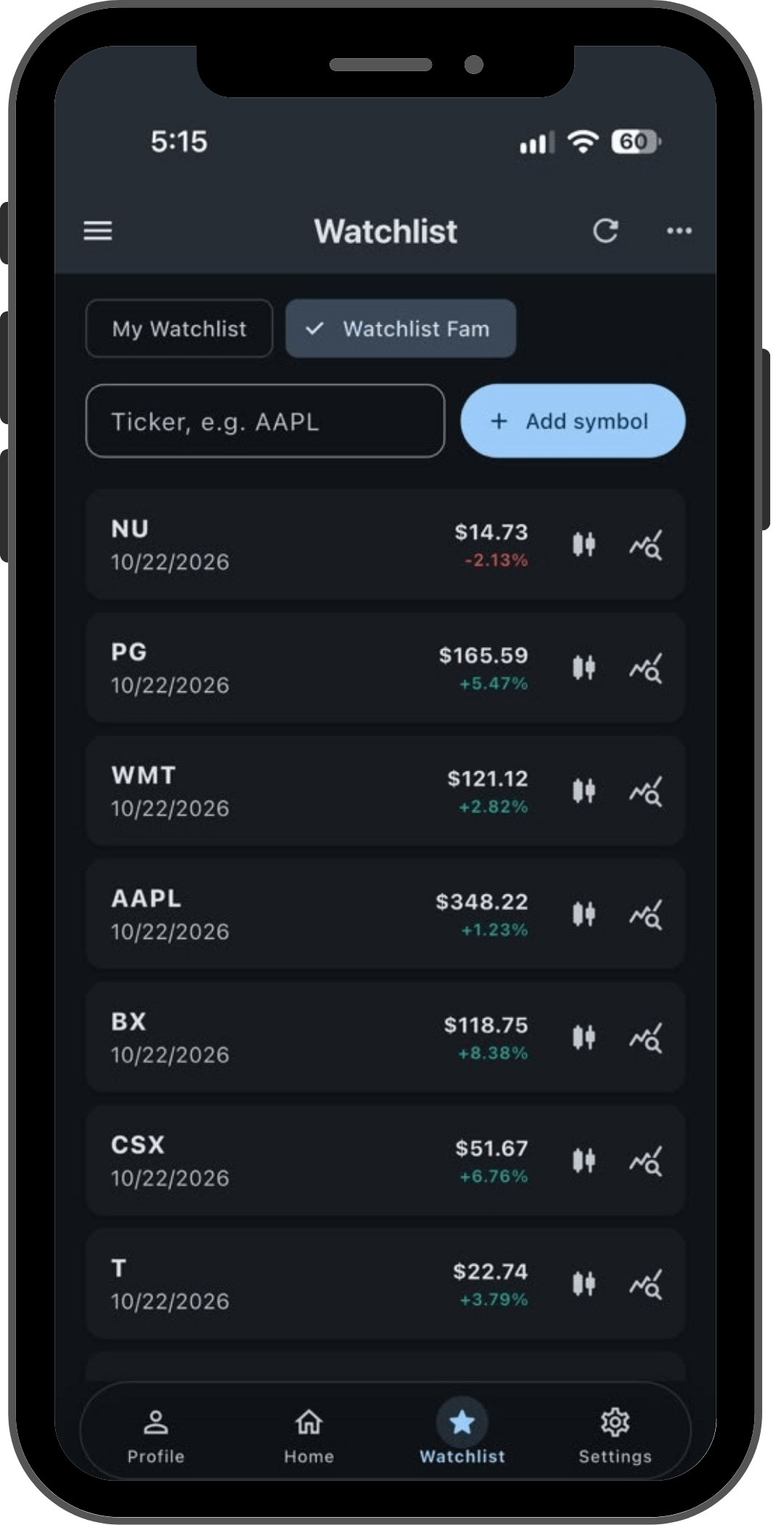 Evolty stock watchlists screen